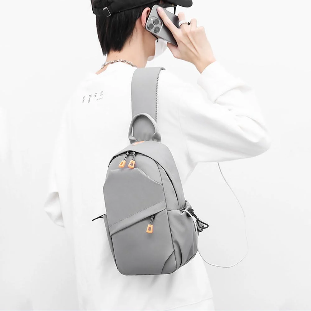 کیف دوشی یک طرفه مردانه، کیف بزرگ ضدآب با طراحی سوراخ USB خارجی، کیف کمری سبک وزن برای پیاده روی و مسافرت در فضای باز (خاکستری)