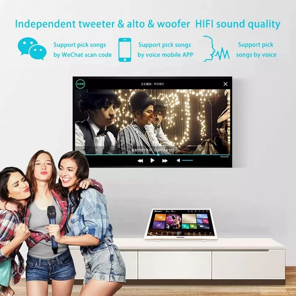 دستگاه کارائوکه ایناندون مدل KV-V3 MAX با صفحه لمسی 18.5 اینچی، دستگاه همه کاره، رومیزی، با افکت های داخلی، همراه با میکروفون بی سیم، میکروفون با قابلیت تنظیم صدا و دانلود آپدیت از فضای ابری