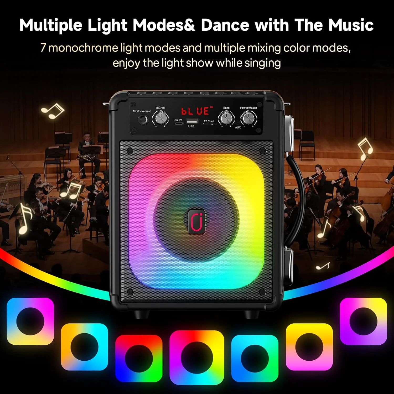 دستگاه کارائوکه با 2 میکروفون بی سیم، سیستم میکروفون کارائوکه بی سیم با چراغ های DJ برای بزرگسالان و کودکان، بلندگوی کارائوکه قابل حمل برای مهمانی خانگی، فضای باز، بلندگوی بلوتوث با پشتیبانی از REC