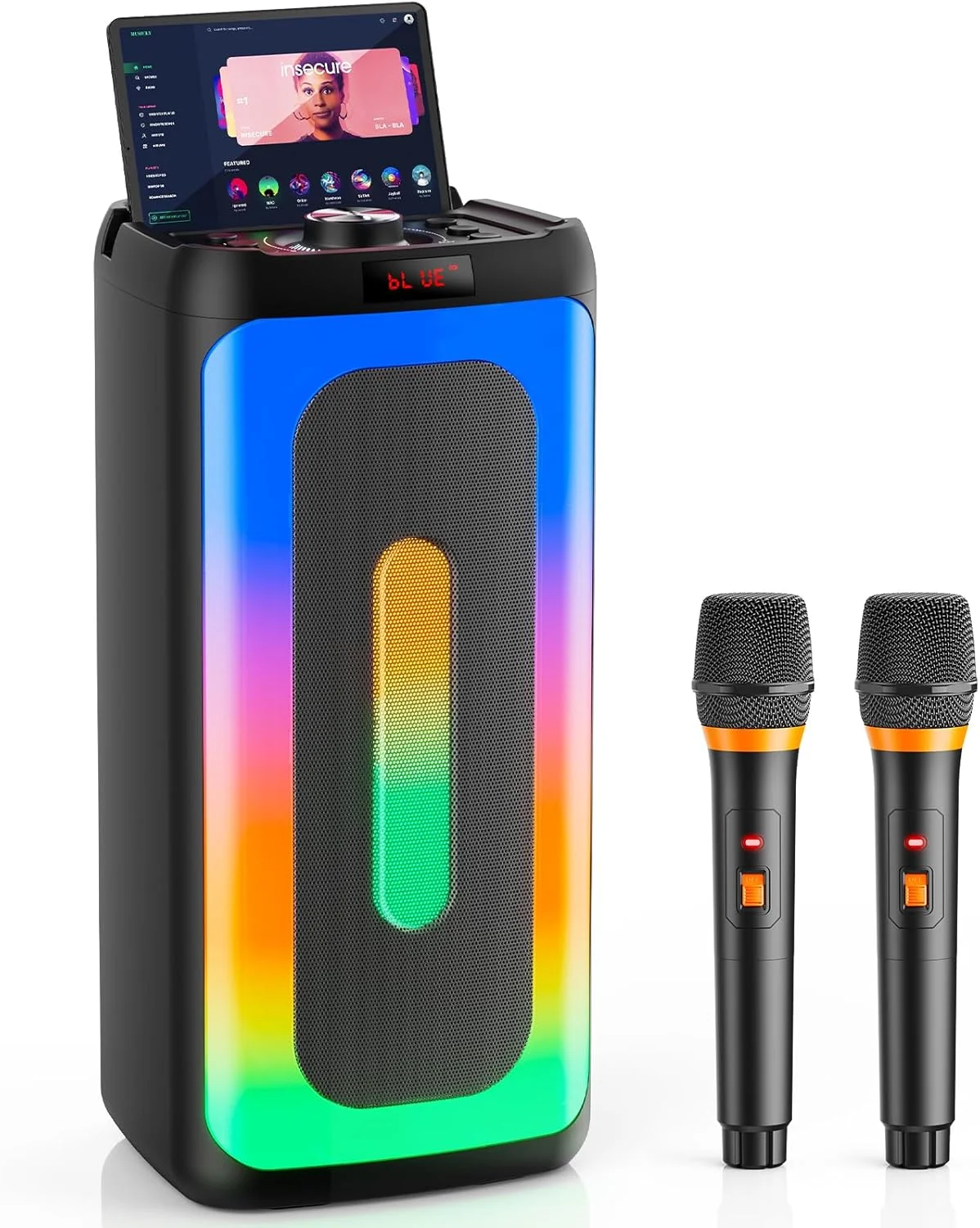 دستگاه کارائوکه با 2 میکروفون، اسپیکر بزرگ بلوتوث مهمانی برای بزرگسالان، سیستم PA با توان پیک 500 وات و نور دیسکو، چرخ های غلتکی و چرخ دستی برای دورهمی ها، مهمانی خانگی، فضای باز