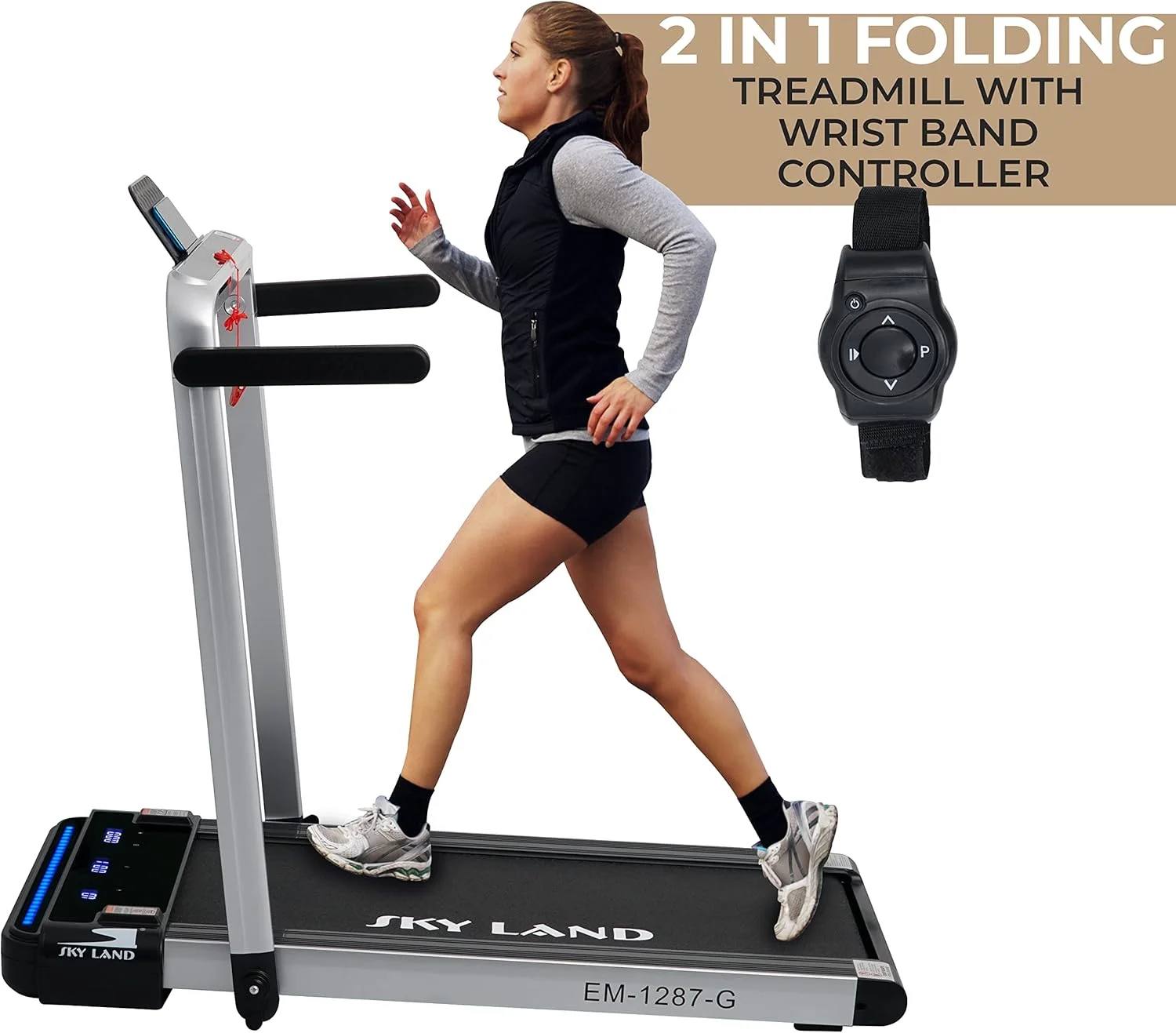تردمیل تاشو 2 در 1 SKY LAND، پد پیاده روی بی صدا با توان 4 اسب بخار، تردمیل زیر میزی برای خانه و محل کار، 12 برنامه، نمایشگر LED، کنترل از راه دور و برنامه EM-1287-G