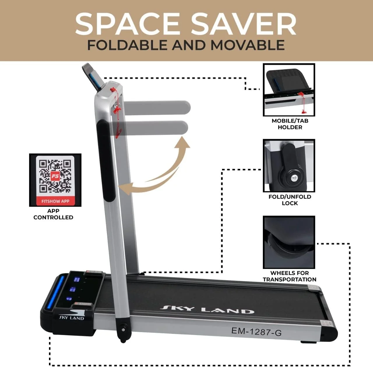 تردمیل تاشو 2 در 1 SKY LAND، پد پیاده روی بی صدا با توان 4 اسب بخار، تردمیل زیر میزی برای خانه و محل کار، 12 برنامه، نمایشگر LED، کنترل از راه دور و برنامه EM-1287-G
