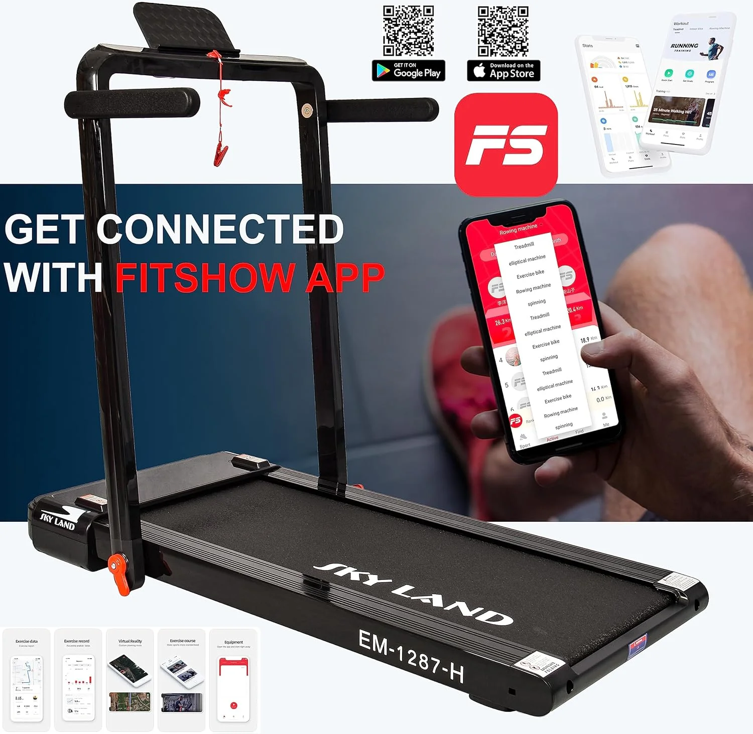 تردمیل تاشو 2 در 1 SKY LAND مدل EM-1287-H با موتور 4 اسب بخار | کنترل هوشمند از طریق اپلیکیشن FS | دارای 12 برنامه از پیش تعیین شده، تردمیل جمع و جور برای استفاده در خانه و محل کار