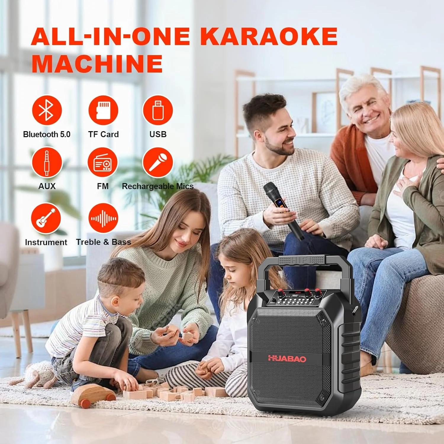 دستگاه کارائوکه با 2 میکروفون بی سیم، بلندگوی بلوتوث قابل حمل برای بزرگسالان و کودکان، تنظیم باس و تریبل، سیستم PA پشتیبانی از کارت TF/USB/FM/AUX برای مهمانی خانگی، داخلی و خارجی