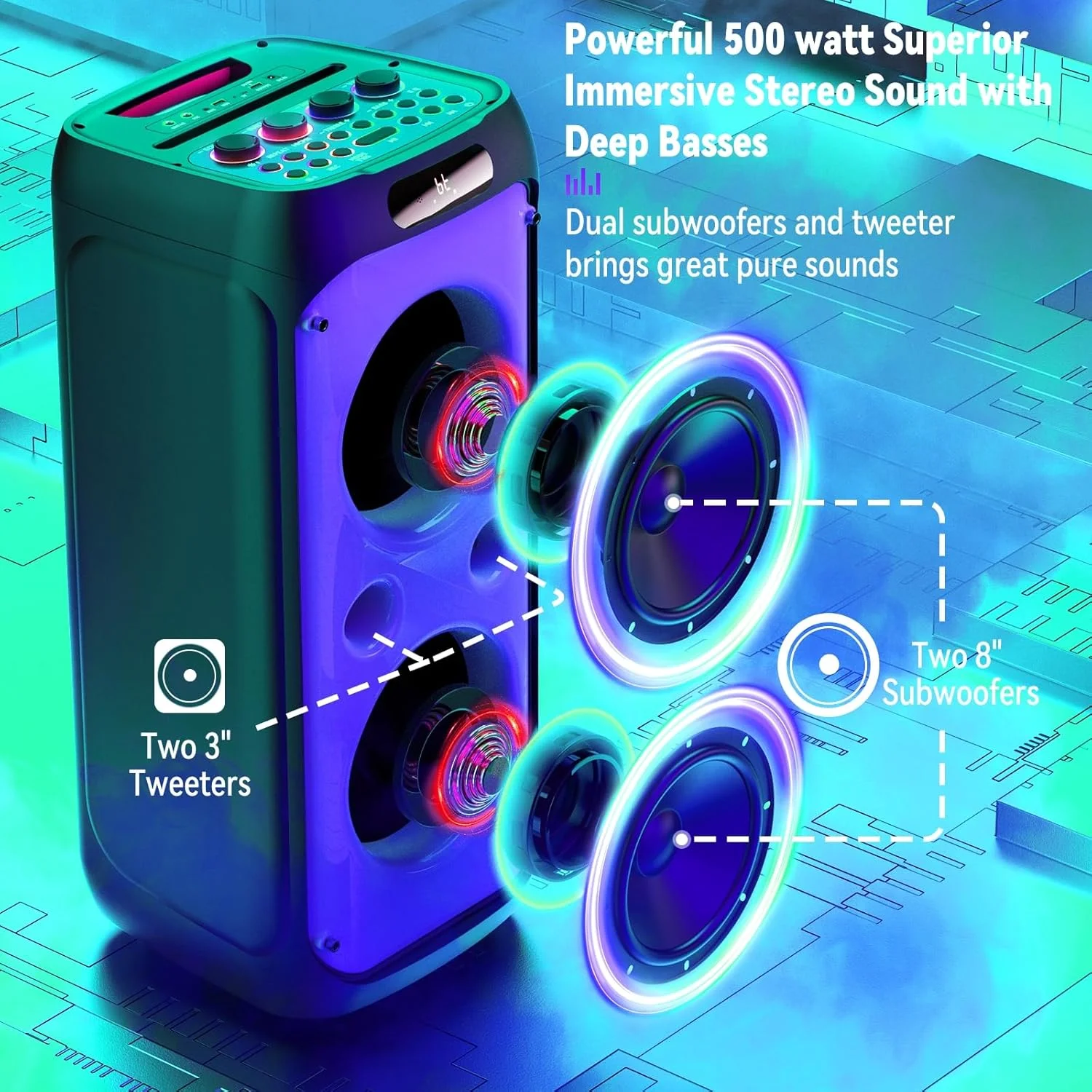 دستگاه کارائوکه، اسپیکر مهمانی بلوتوث بزرگ 33 اینچی با توان پیک 500 وات، اسپیکر PA بی‌سیم با ساب ووفر، چراغ‌های دیسکو و 2 میکروفون کارائوکه برای مهمانی خانگی در فضای باز، پشتیبانی از USB/AUX/TF/REC/TWS