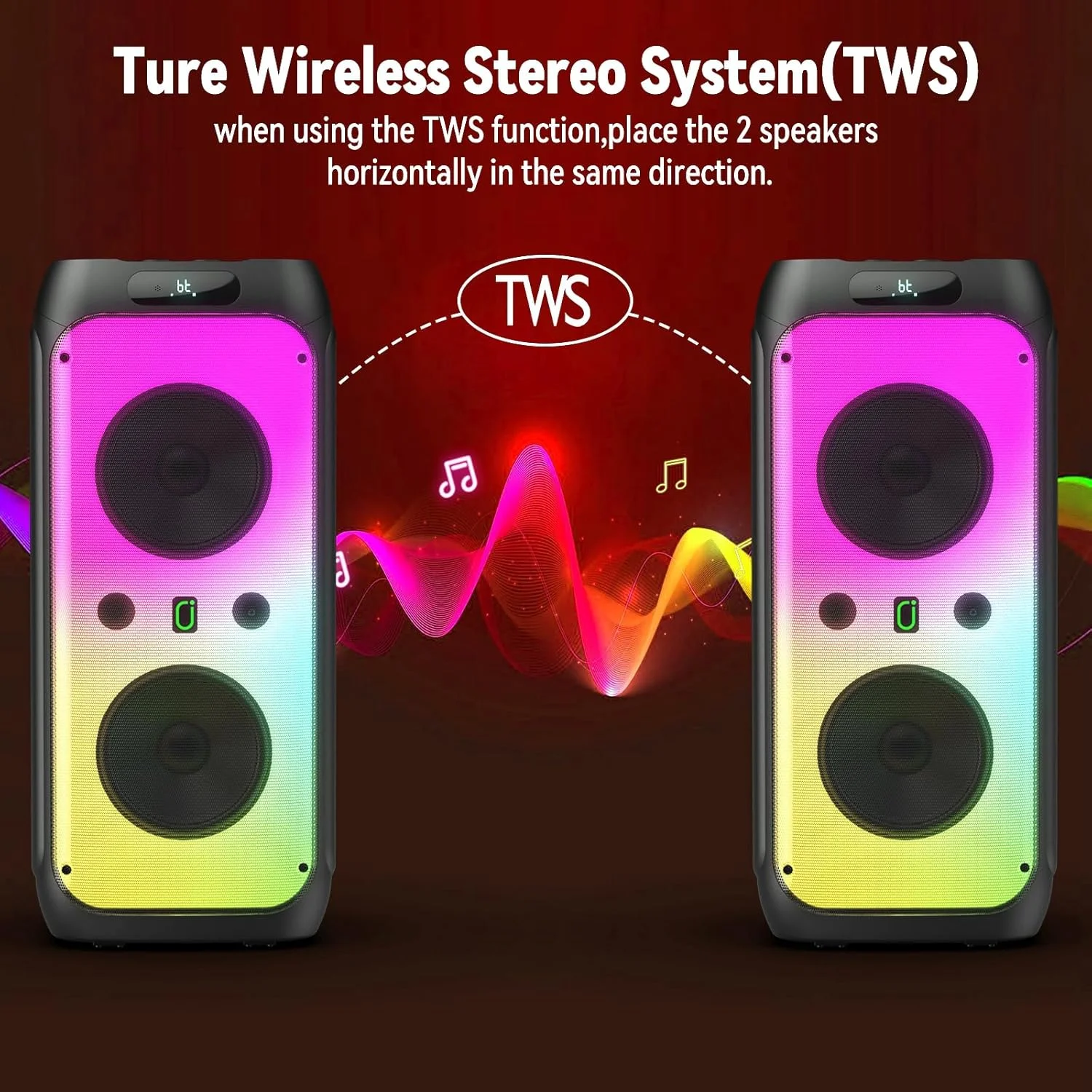 دستگاه کارائوکه، اسپیکر مهمانی بلوتوث بزرگ 33 اینچی با توان پیک 500 وات، اسپیکر PA بی‌سیم با ساب ووفر، چراغ‌های دیسکو و 2 میکروفون کارائوکه برای مهمانی خانگی در فضای باز، پشتیبانی از USB/AUX/TF/REC/TWS