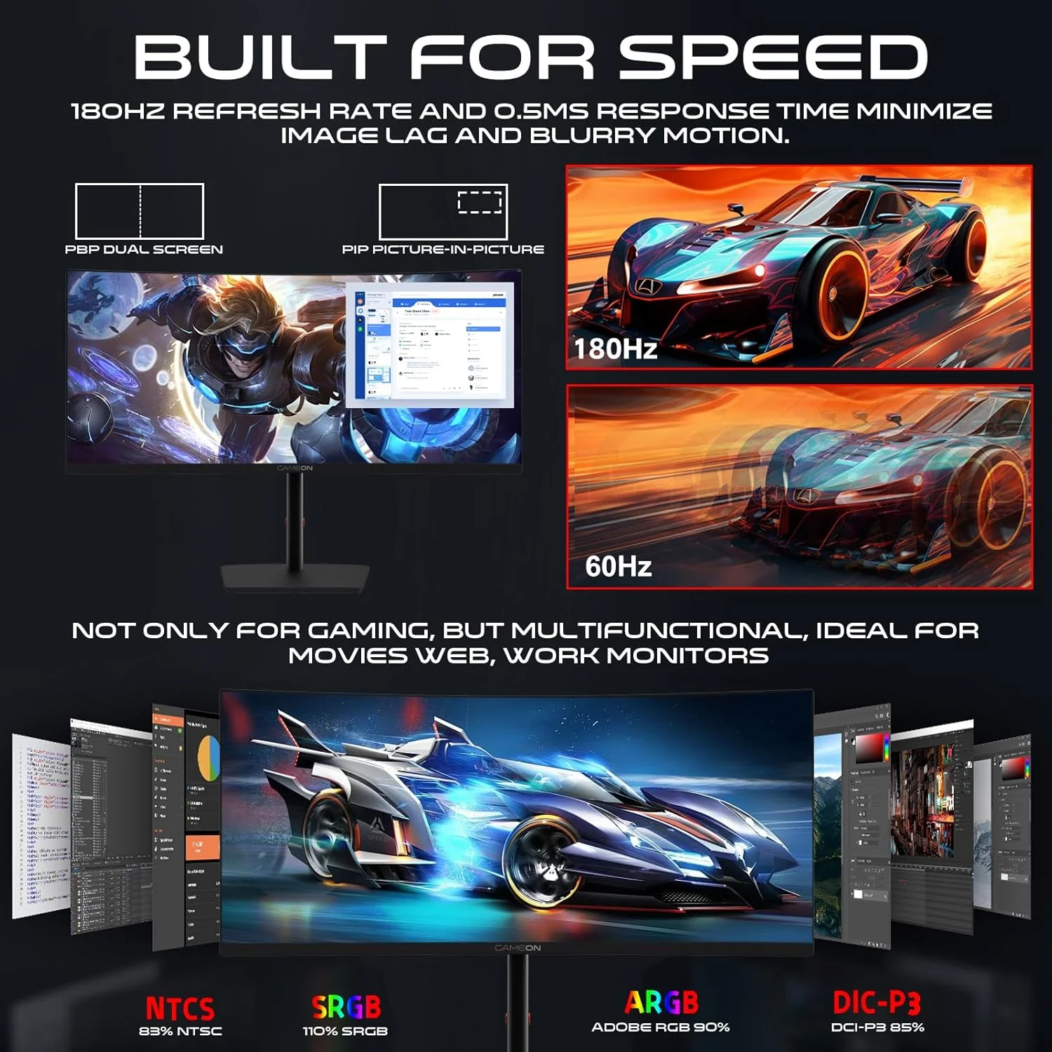 مانیتور گیمینگ خمیده 34 اینچی الترا واید گیم‌آن Spectra Pro، کیفیت QHD 3440x1440، نرخ تازه‌سازی 180 هرتز، پنل VA سریع 0.5 میلی‌ثانیه MPRT، درگاه HDMI 2.1، درگاه DisplayPort، انحنای 1500R، نسبت تصویر 21:9، سازگار با PS5، Xbox و PC، رنگ مشکی