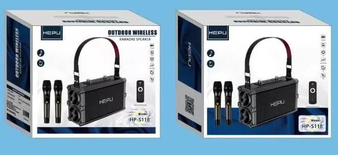 اسپیکر کارائوکه بی سیم HEPU مدل HP-S118، قابل حمل با 2 میکروفون، کنترل از راه دور، حالت های ورودی چندگانه