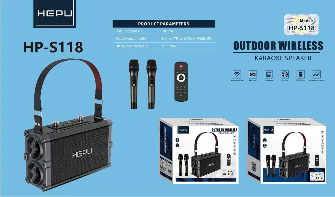 اسپیکر کارائوکه بی سیم HEPU مدل HP-S118، قابل حمل با 2 میکروفون، کنترل از راه دور، حالت های ورودی چندگانه