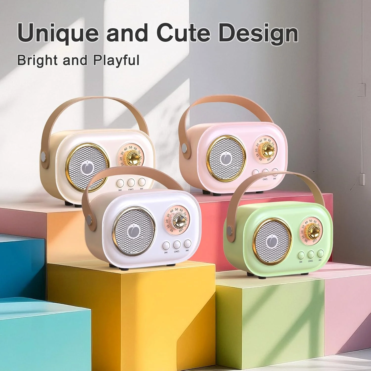 دستگاه کارائوکه کوچک برای کودکان و بزرگسالان، اسپیکر بلوتوث قابل حمل با 2 میکروفون بی سیم، هدیه اسباب بازی برای دختران 3، 4، 5، 6، 7، 8+ ساله، بژ