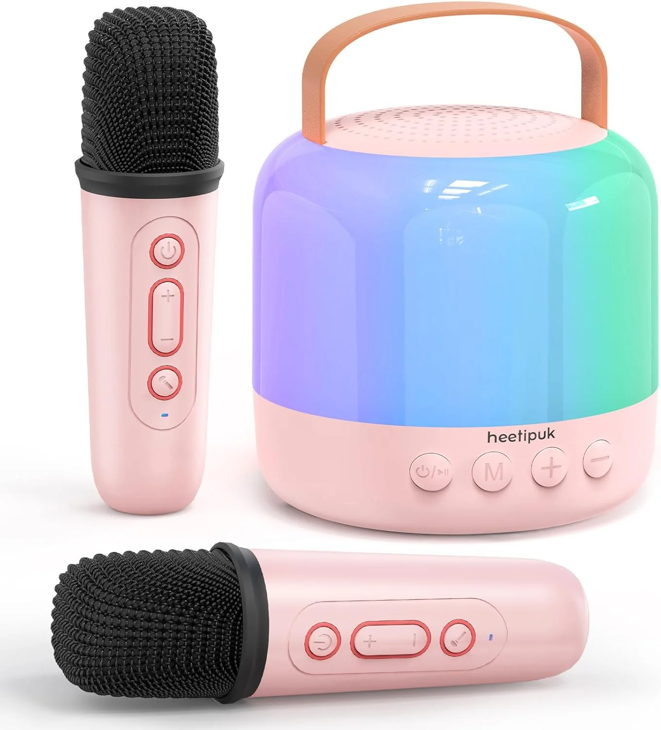 دستگاه کارائوکه کوچک برای کودکان و بزرگسالان، اسپیکر بلوتوث قابل حمل با 2 میکروفون بی سیم، اسباب بازی هدیه برای دختران 4-12 ساله، اسپیکر کارائوکه با نورهای خیره کننده