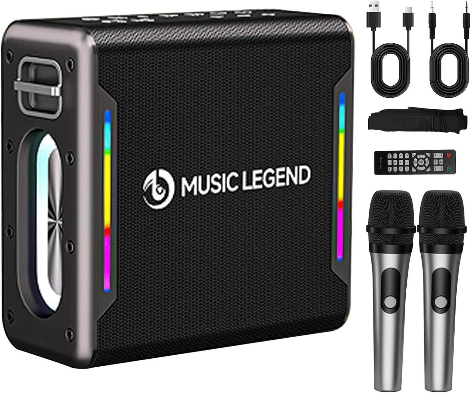 دستگاه کارائوکه HATAH با 2 میکروفون بی سیم، اسپیکر بلوتوث قابل حمل با TWS، سوئیچ های A/E، EQ، ساب ووفر، قابل شارژ، بلوتوث 5.0، پشتیبانی از TWS/AUX/USB/TF Card، مدل V8 Pro، مناسب برای خانواده، مهمانی