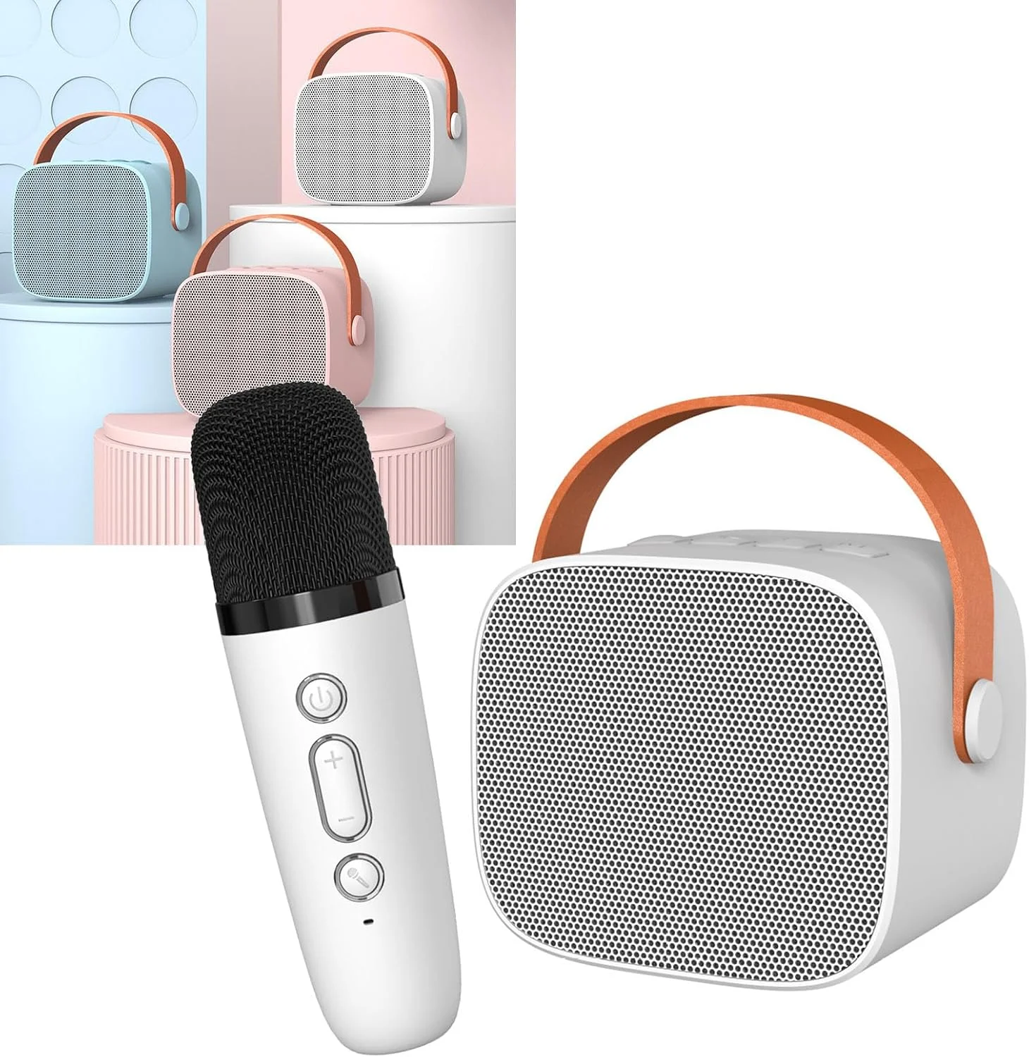 دستگاه کارائوکه کوچک قابل حمل Goshyda، بلندگوی بلوتوث بی سیم با مجموعه میکروفون، بلندگوی کارائوکه صدای فراگیر HiFi برای مهمانی خانگی، هدیه تولد کودکان (سفید)