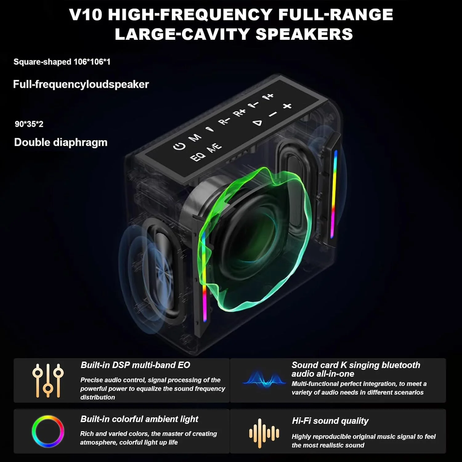 دستگاه کارائوکه HATAH با 2 میکروفون بی سیم، اسپیکر بلوتوث قابل حمل با TWS، سوئیچ های A/E، EQ، ساب ووفر، قابل شارژ، بلوتوث 5.0، پشتیبانی از TWS/AUX/USB/TF Card، مدل V8 Pro، مناسب برای خانواده، مهمانی