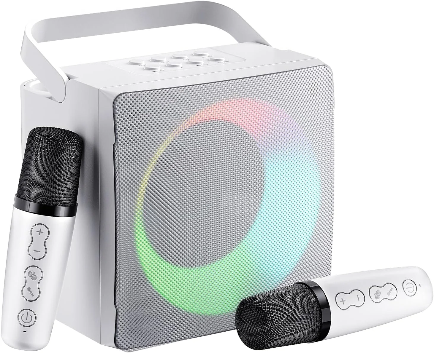 سیستم کارائوکه بلوتوث کودکان با نور LED، نسخه ارتقا یافته سیستم کارائوکه با 2 میکروفون بی سیم، صدای بلندگوی کارائوکه برای عروسی، کلیسا، پیک نیک (سفید)