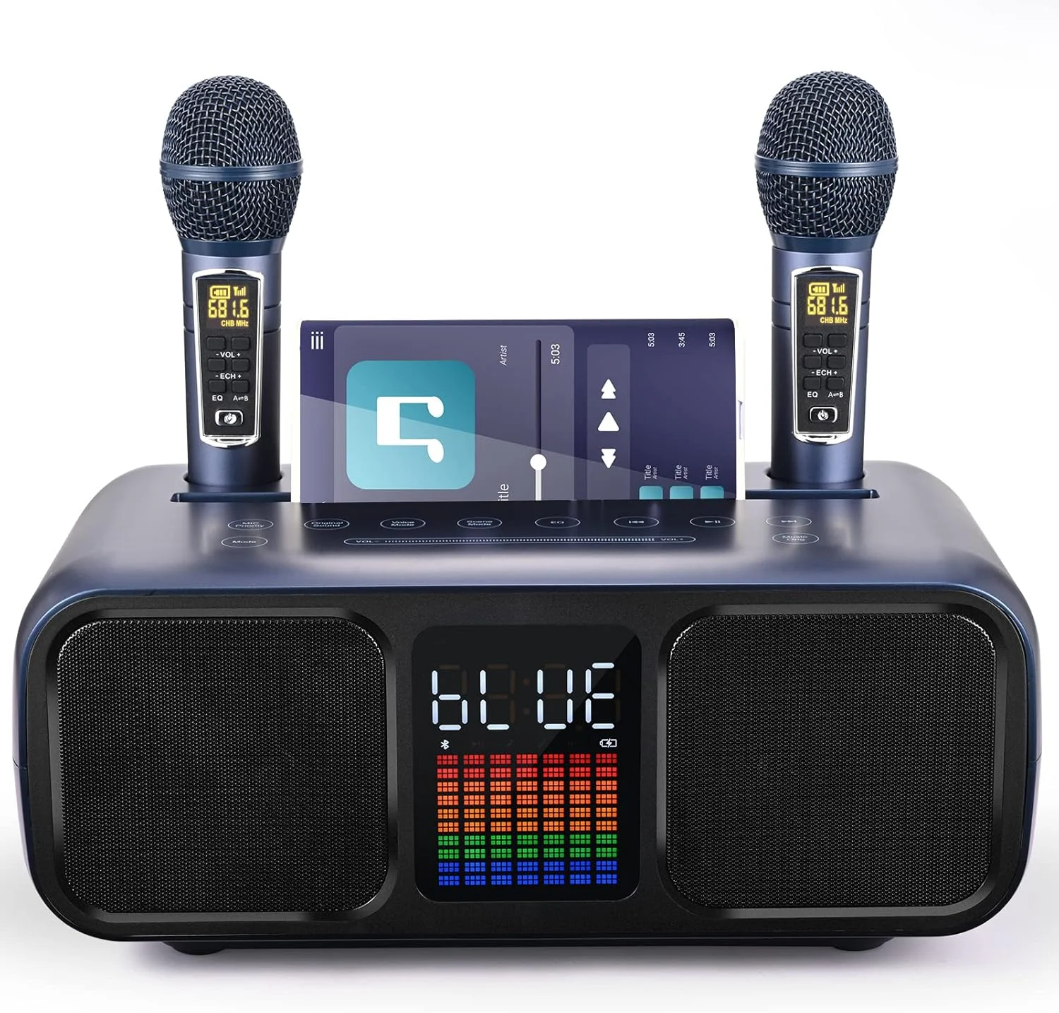 اسپیکر کارائوکه مهمانی با 2 میکروفون بی سیم، اسپیکر کارائوکه بلوتوث با صفحه لمسی، نور LED و پایه تلفن، اسپیکر کارائوکه برای کودکان با /USB/TF/AU (آبی)