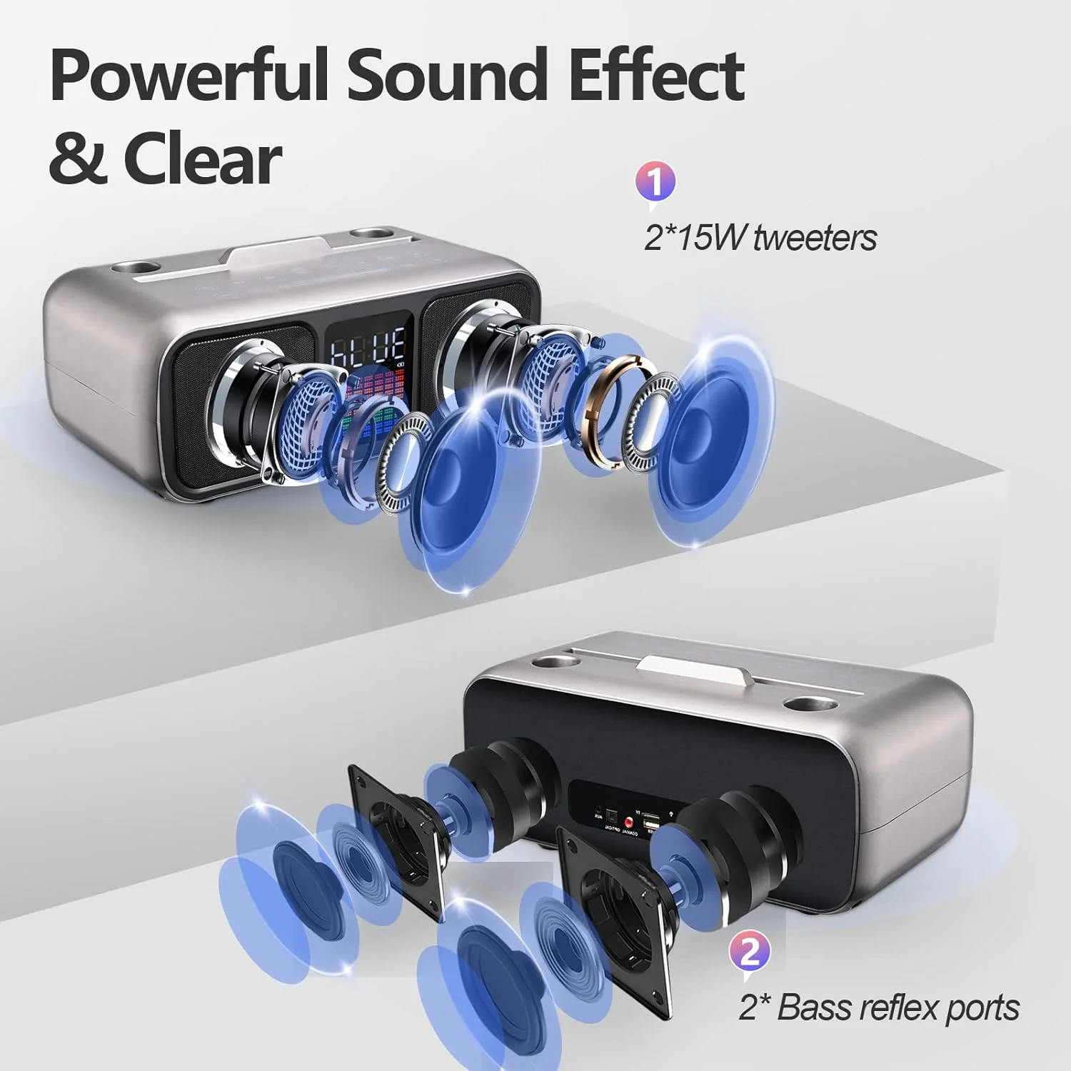 اسپیکر کارائوکه مهمانی با 2 میکروفون بی سیم، اسپیکر کارائوکه با صفحه لمسی، نور LED و پایه تلفن، اسپیکر کارائوکه کودکان با USB / TF / AU (نقره ای)