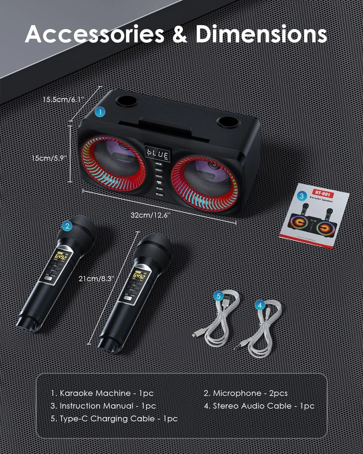 سیستم کارائوکه قابل حمل، اسپیکر بلوتوث 30 واتی کارائوکه کامل، 2 میکروفون کارائوکه بی سیم و جایگاه میکروفون قابل شارژ (قرمز)