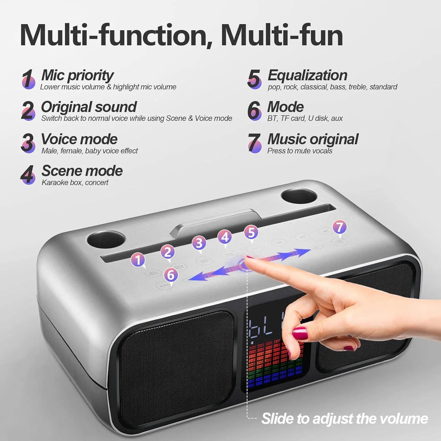 اسپیکر کارائوکه مهمانی با 2 میکروفون بی سیم، اسپیکر کارائوکه با صفحه لمسی، نور LED و پایه تلفن، اسپیکر کارائوکه کودکان با USB / TF / AU (نقره ای)