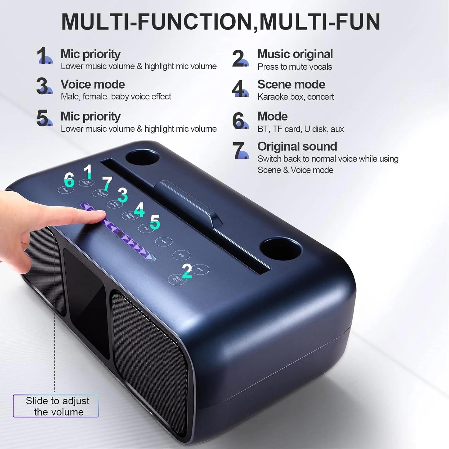 اسپیکر کارائوکه مهمانی با 2 میکروفون بی سیم، اسپیکر کارائوکه بلوتوث با صفحه لمسی، نور LED و پایه تلفن، اسپیکر کارائوکه برای کودکان با /USB/TF/AU (آبی) اسپیکر کارائوکه مهمانی با 2 میکروفون بی سیم، اسپیکر کارائوکه بلوتوث با صفحه لمسی، نور LED و پایه تلفن، اسپیکر کارائوکه برای کودکان با /USB/TF/AU (آبی)