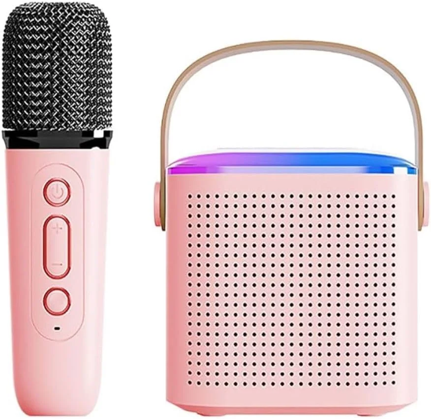 مینی کارائوکه Glistenwing، دستگاه کارائوکه مینی با 1 میکروفون بی سیم تغییر صدا، بلندگوی بلوتوث قابل حمل با چراغ برای همه تلفن های هوشمند (صورتی)