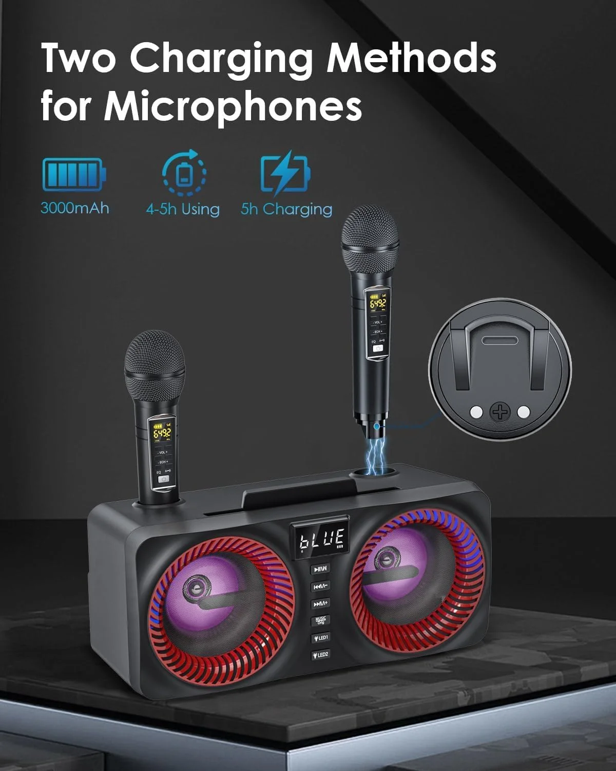 اسپیکر کارائوکه بلوتوث - سیستم کارائوکه با 2 میکروفون بی سیم، سیستم PA کارائوکه با نگهدارنده تلفن همراه/USB/کارت TF/AUX-In، برای مهمانی های خانوادگی، عروسی ها، پیک نیک ها، فضای باز/داخلی
