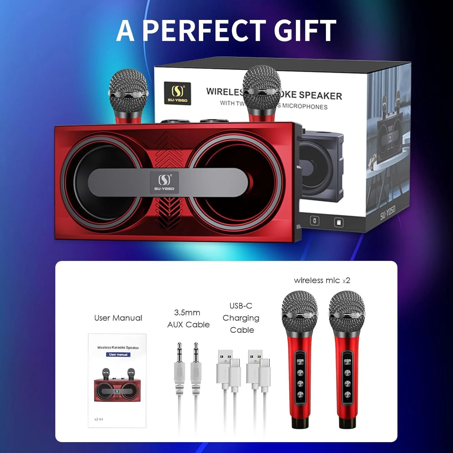 دستگاه کارائوکه – سیستم بلندگوی PA بلوتوث قابل حمل با 2 میکروفون بی سیم، چراغ های LED، کنترل اکو و باس، برای بزرگسالان و کودکان، سرگرمی آواز خواندن در مهمانی های خانوادگی در داخل و خارج از منزل