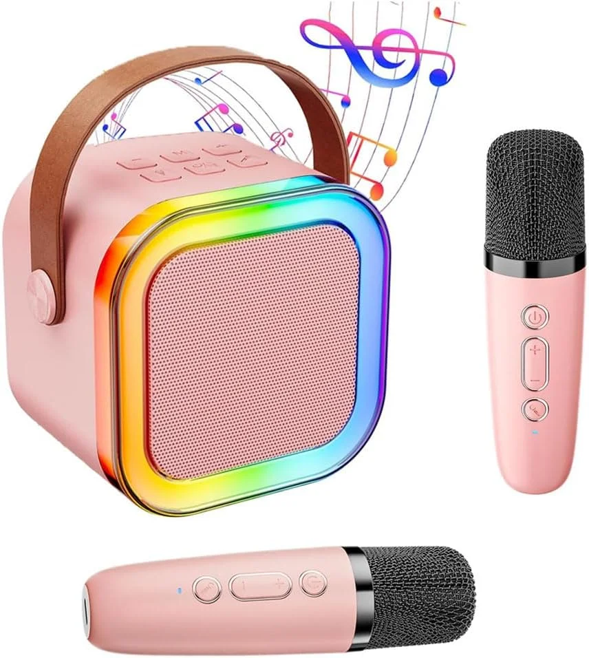 دستگاه کارائوکه Goodern برای کودکان و بزرگسالان، بلندگوی بلوتوث قابل حمل با 2 میکروفون بی سیم و چراغ های LED، KTV خانگی، فضای باز، دستگاه مینی کارائوکه ضروری برای مهمانی، هدایای عالی برای دختران و پسران - صورتی