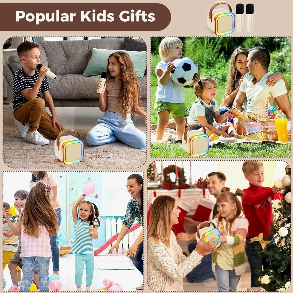 دستگاه کارائوکه Goodern برای کودکان و بزرگسالان، بلندگوی بلوتوث قابل حمل با 2 میکروفون بی سیم و چراغ های LED، KTV خانگی، فضای باز، دستگاه مینی کارائوکه ضروری برای مهمانی، هدایای عالی برای دختران و پسران - صورتی