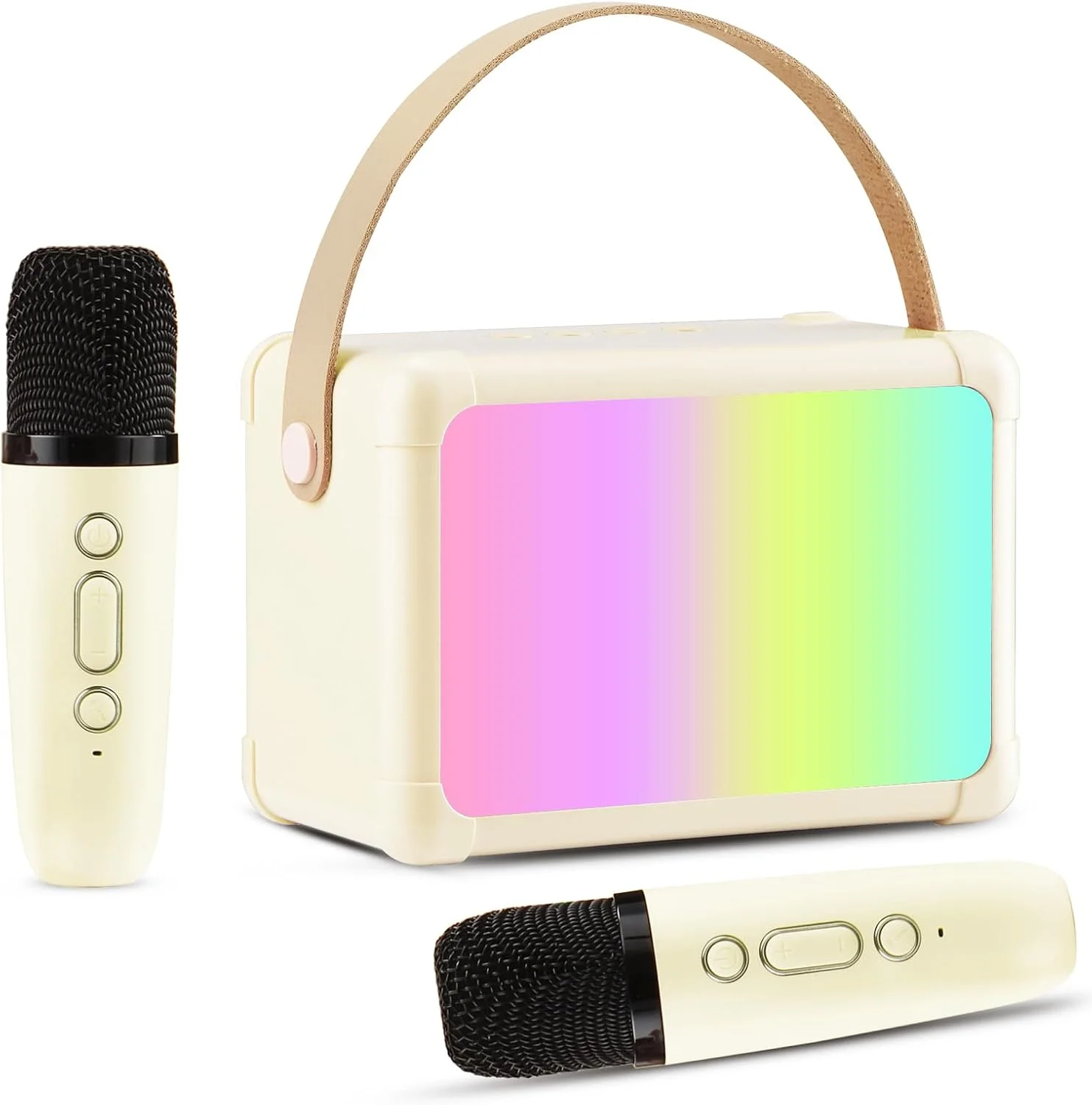 دستگاه کارائوکه با 2 میکروفون، سیستم کارائوکه بلوتوثی کوچک با میکروفون برای کودکان، سیستم PA به عنوان هدیه برای دختران، پسران، خانواده و خانه (بژ)