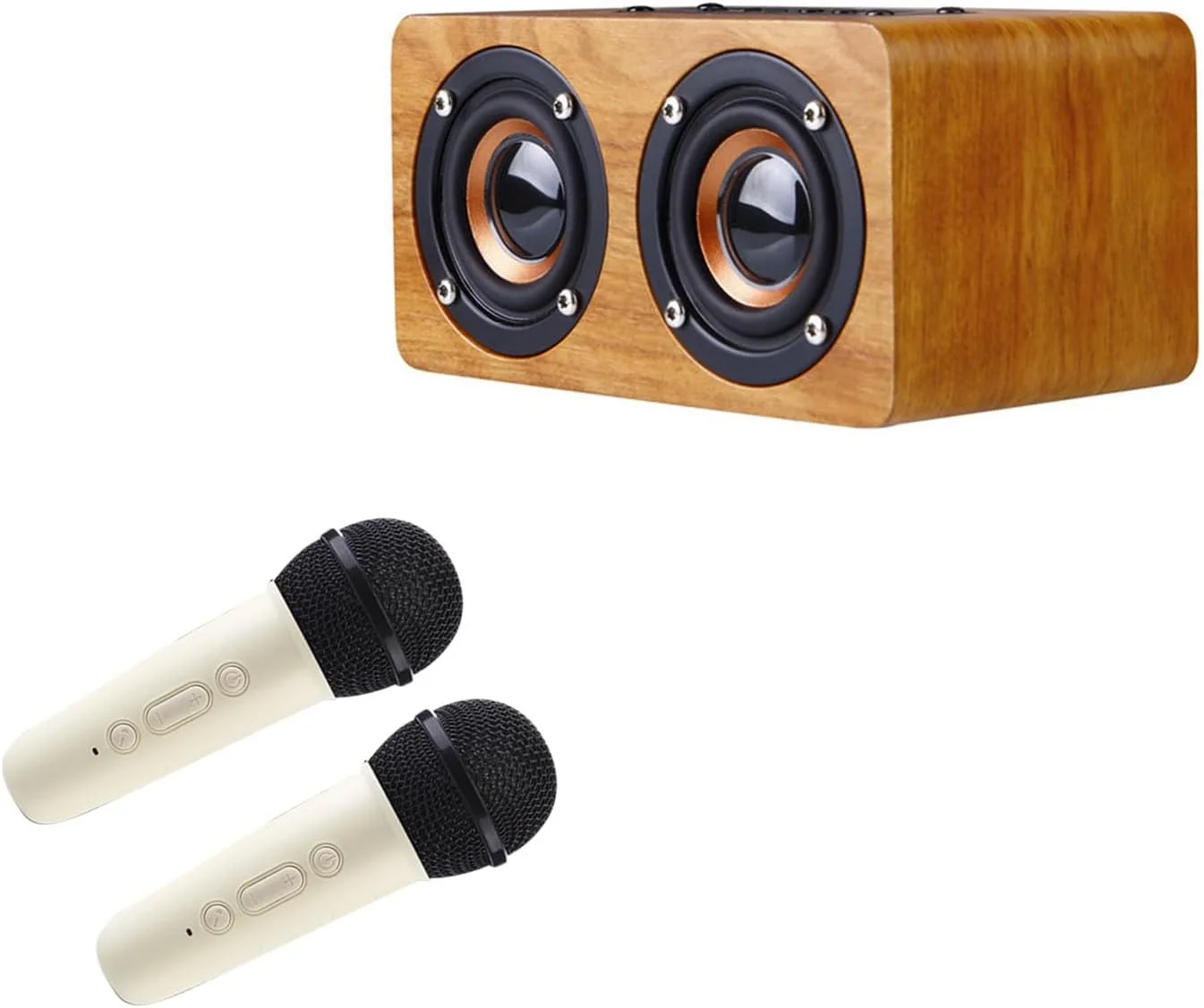 دستگاه کارائوکه بلندگوی چوبی عمومی با 2 میکروفون اتصال بی سیم برای مهمانی های موسیقی (طرح چوب قهوه ای)