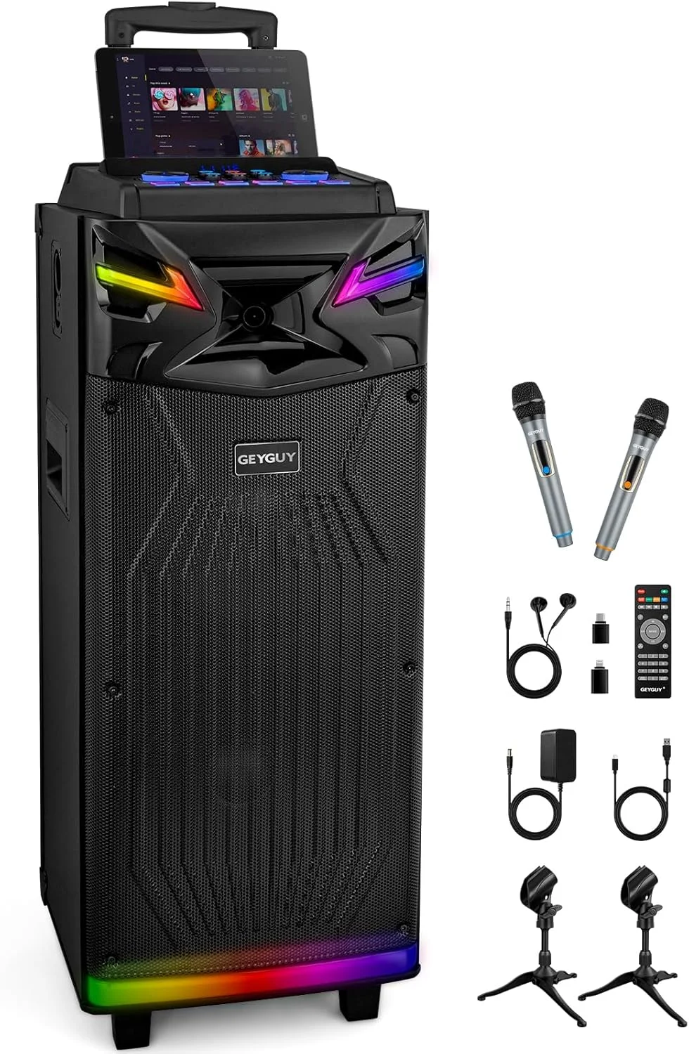 دستگاه کارائوکه بلوتوثی دوگانه 10 اینچی GTSK210-1 DSP با 2 میکروفون بی سیم، سیستم PA پشتیبانی از پخش زنده با جلوه های صوتی/نورهای DJ/رادیو FM برای مهمانی ها، ضبط صدا