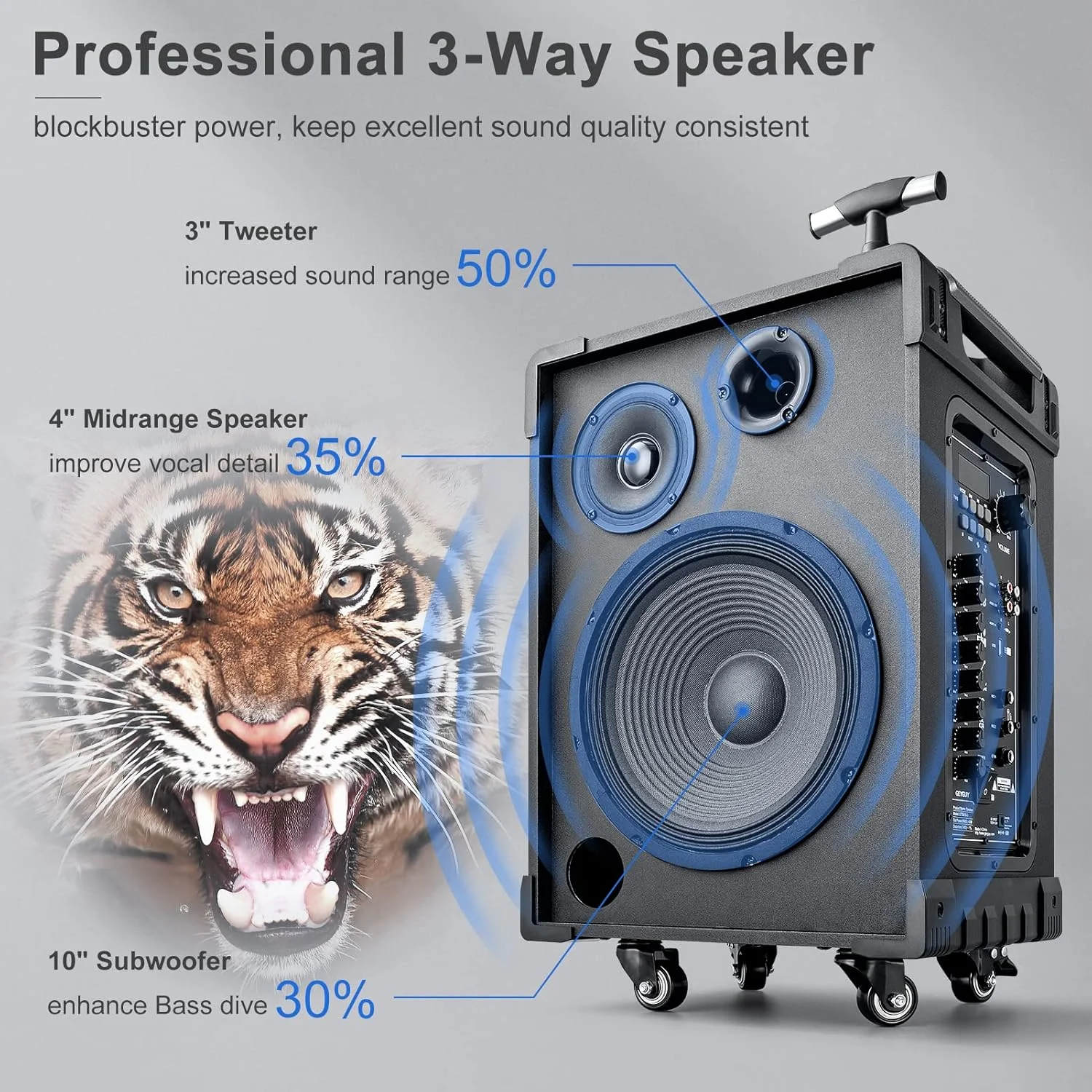 سیستم صوتی قابل حمل GTSK10-3، دستگاه کارائوکه، بلندگوی 10 اینچی سه طرفه مناسب فضای باز، بلوتوث 5.0 قابل شارژ با میکروفون کریستالی بی سیم، چراغ های LED، پشتیبانی از گیتار/USB/TWS/FM