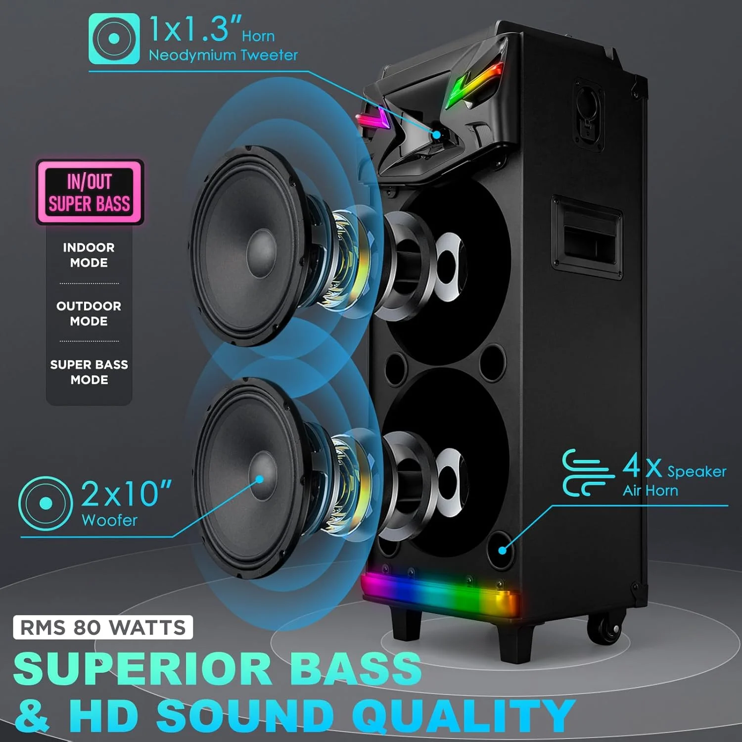 دستگاه کارائوکه بلوتوثی دوگانه 10 اینچی GTSK210-1 DSP با 2 میکروفون بی سیم، سیستم PA پشتیبانی از پخش زنده با جلوه های صوتی/نورهای DJ/رادیو FM برای مهمانی ها، ضبط صدا