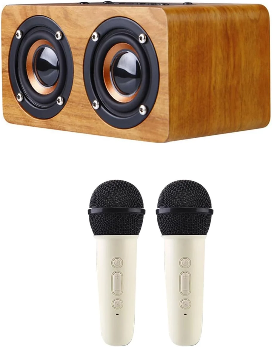 دستگاه کارائوکه بلندگوی چوبی عمومی با 2 میکروفون اتصال بی سیم برای مهمانی های موسیقی (طرح چوب قهوه ای)