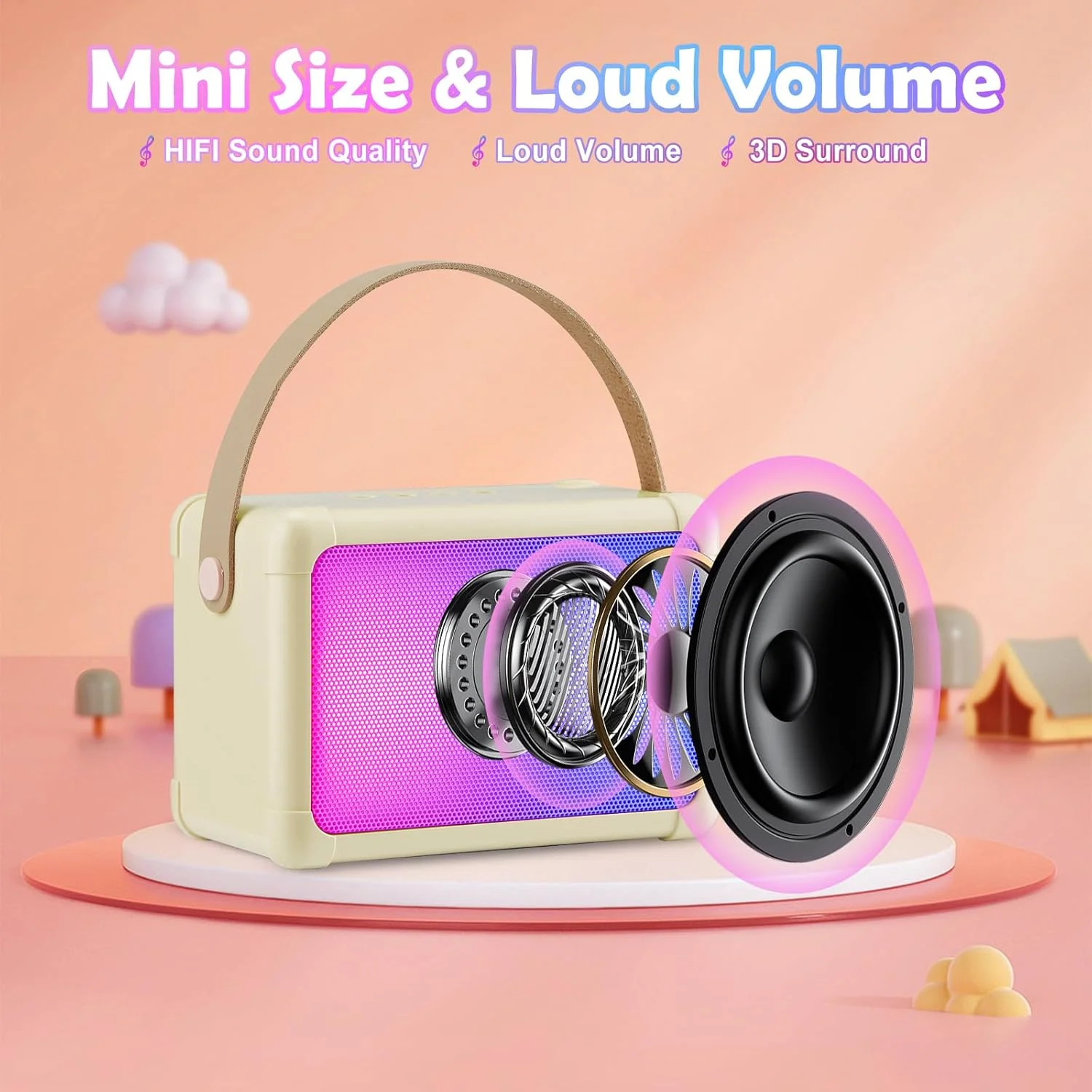 دستگاه کارائوکه با 2 میکروفون، سیستم کارائوکه بلوتوثی کوچک با میکروفون برای کودکان، سیستم PA به عنوان هدیه برای دختران، پسران، خانواده و خانه (بژ)