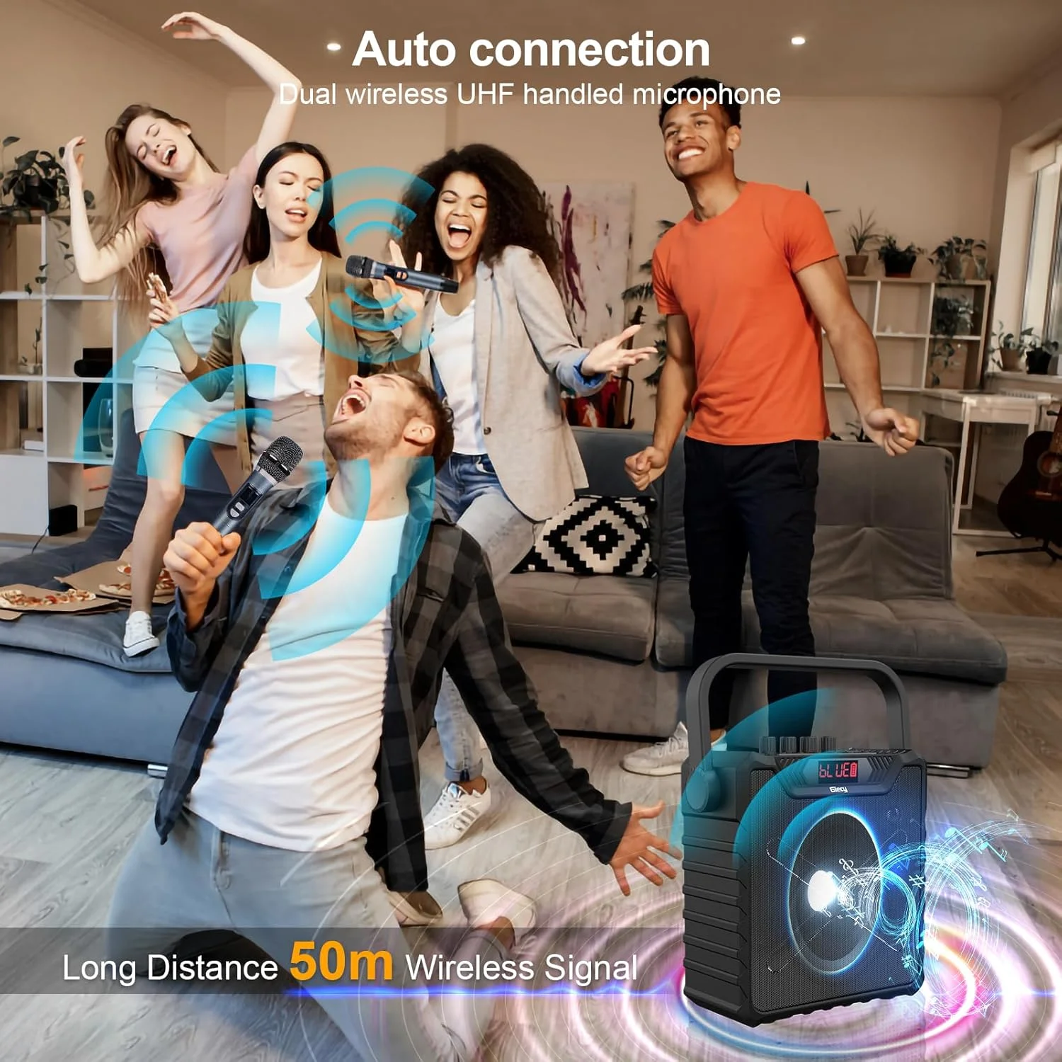 دستگاه کارائوکه با 2 میکروفون بی سیم UHF، سیستم PA تقویت کننده صدا، بلندگوی بلوتوث قابل حمل تقویت کننده بیس برای بزرگسالان و کودکان
