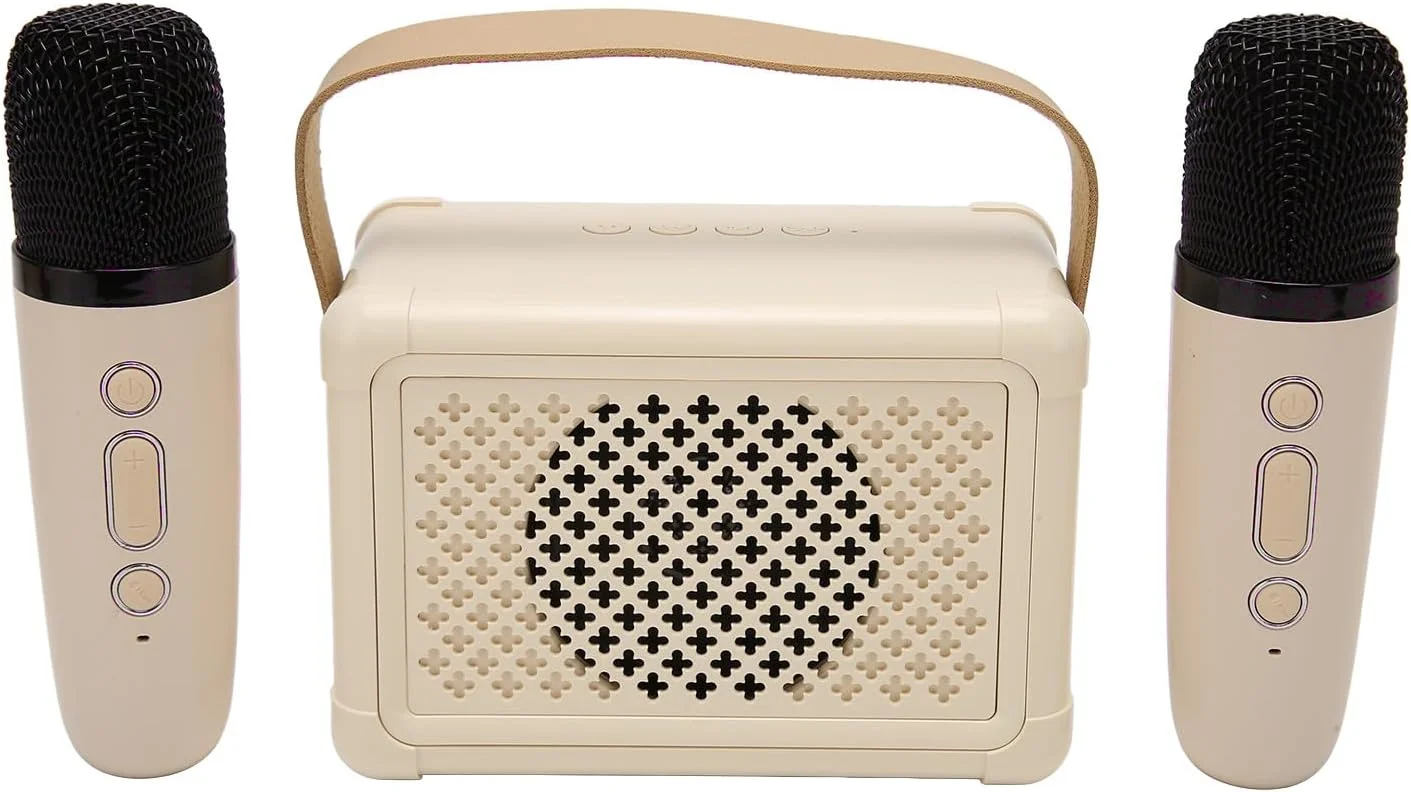 اسپیکر عمومی با دو میکروفون بی‌سیم، اسپیکر کارائوکه بی‌سیم با برد 10 متری، صدای استریو مینی 5.0 مناسب مهمانی و اتاق خواب (زرد روشن)
