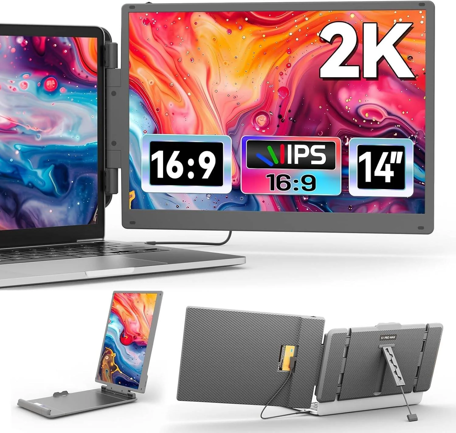 نمایشگر دوگانه لپ‌تاپ 14 اینچی 2K مدل V2COM، مانیتور قابل حمل IPS با رزولوشن 2160x1440 با اتصال Type-C/HDMI/USB-A، مناسب برای لپ‌تاپ‌های 13 تا 17 اینچی، سازگار با ویندوز/مک/اندروید | S1 Pro Max