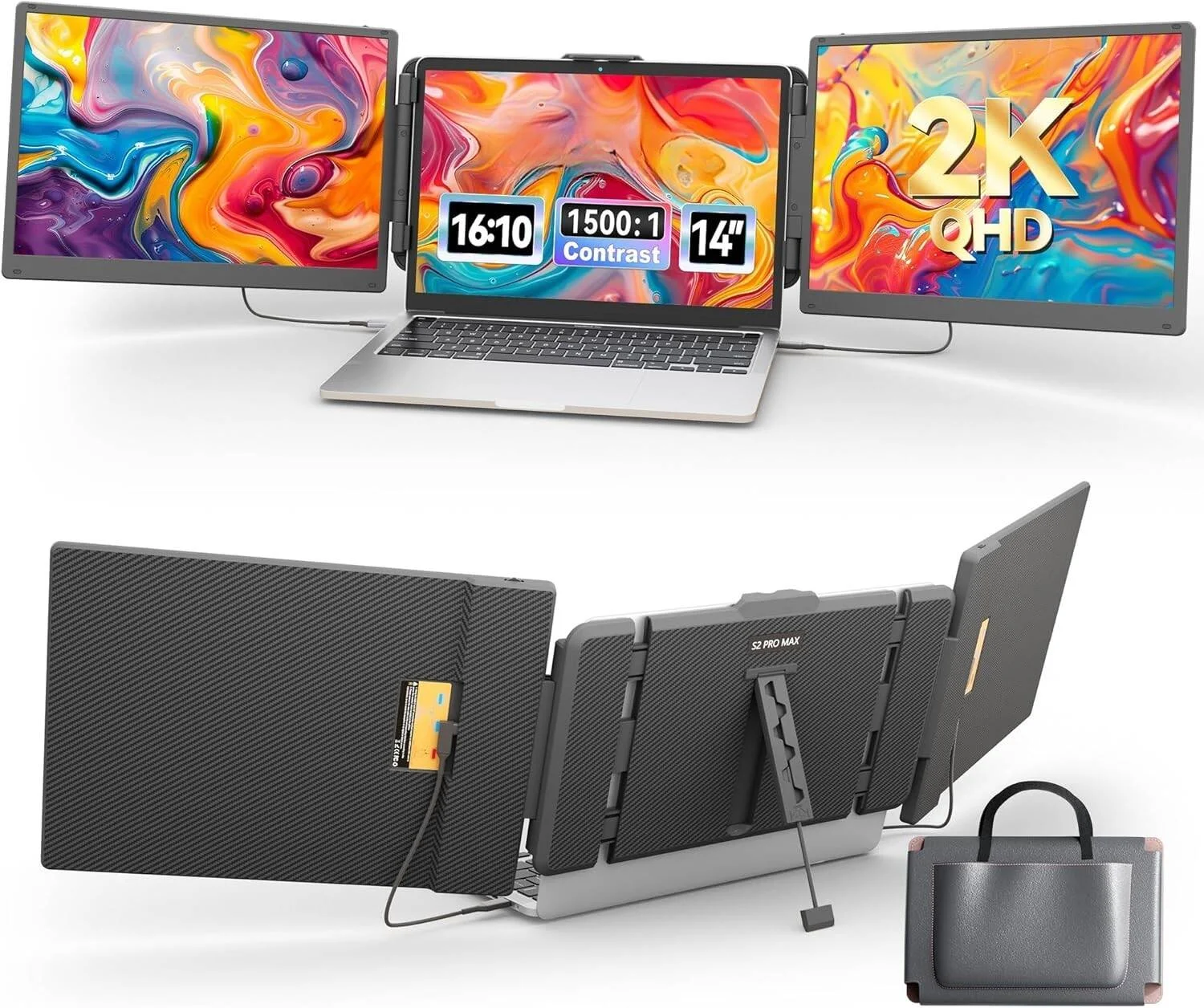 V2COM توسعه دهنده صفحه نمایش لپ تاپ سه گانه 14 اینچی 2K، مانیتور قابل حمل QHD با وضوح 2160x1440 با چرخش 180 درجه، اتصال آسان، سازگار با لپ تاپ های 13-16.5 اینچی، ویندوز، مک، اندروید، Dex | S2 Pro Max