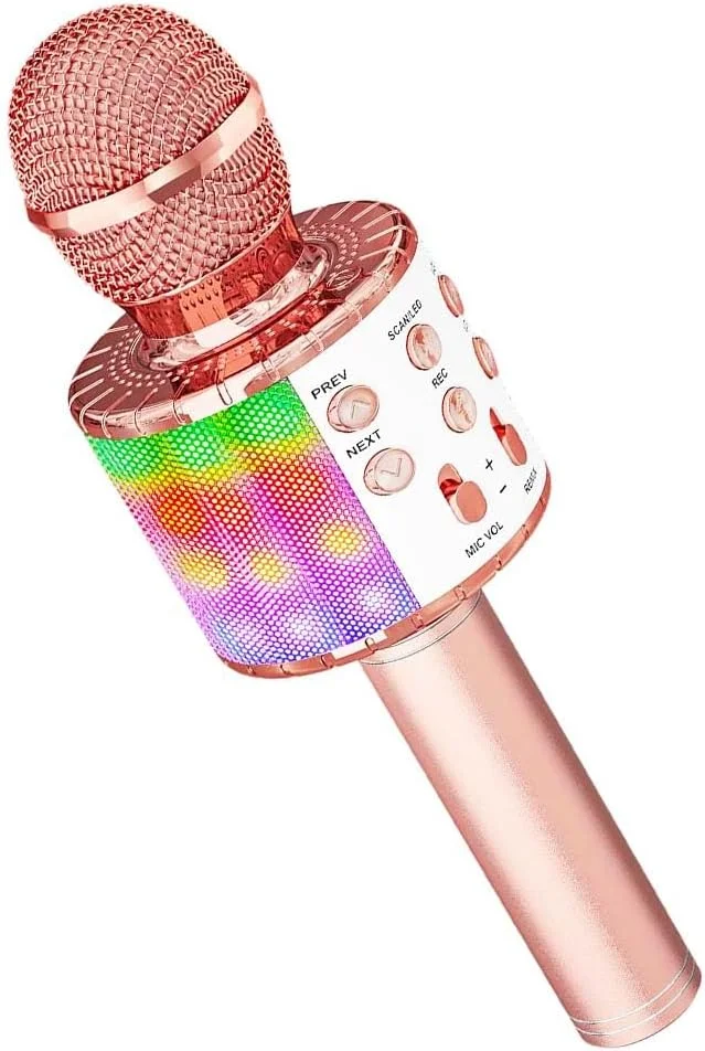 میکروفون بی سیم قابل حمل بلوتوثی رنگارنگ برای کارائوکه، چند منظوره با بلندگوی داخلی و چراغ های ال ای دی