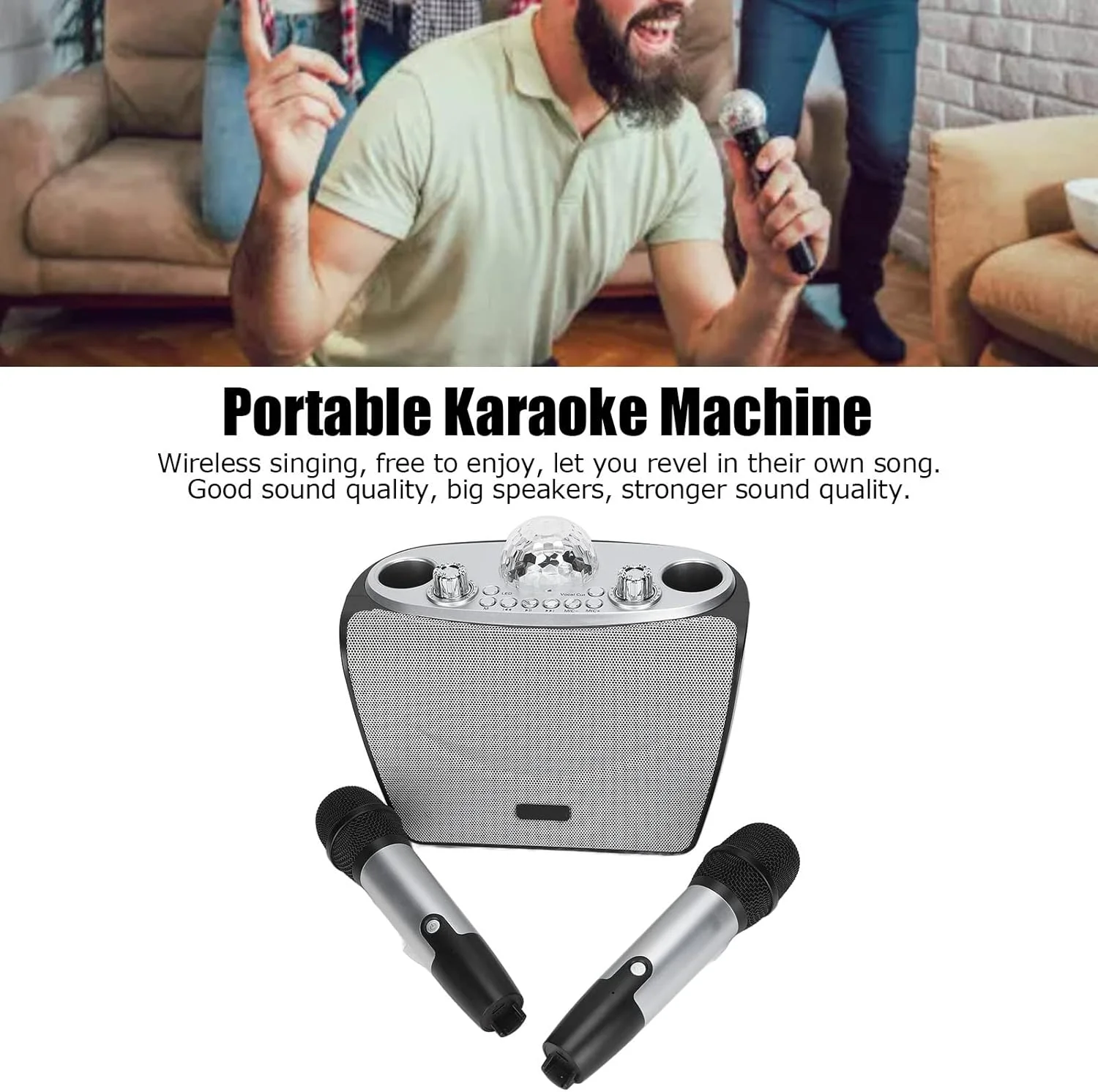دستگاه کارائوکه قابل حمل، بلندگوهای کارائوکه بلوتوثی قابل شارژ با 2 میکروفون بی سیم، سیستم بلندگوی PA با چراغ های LED RGB، برای مهمانی های خانوادگی کودکان و بزرگسالان