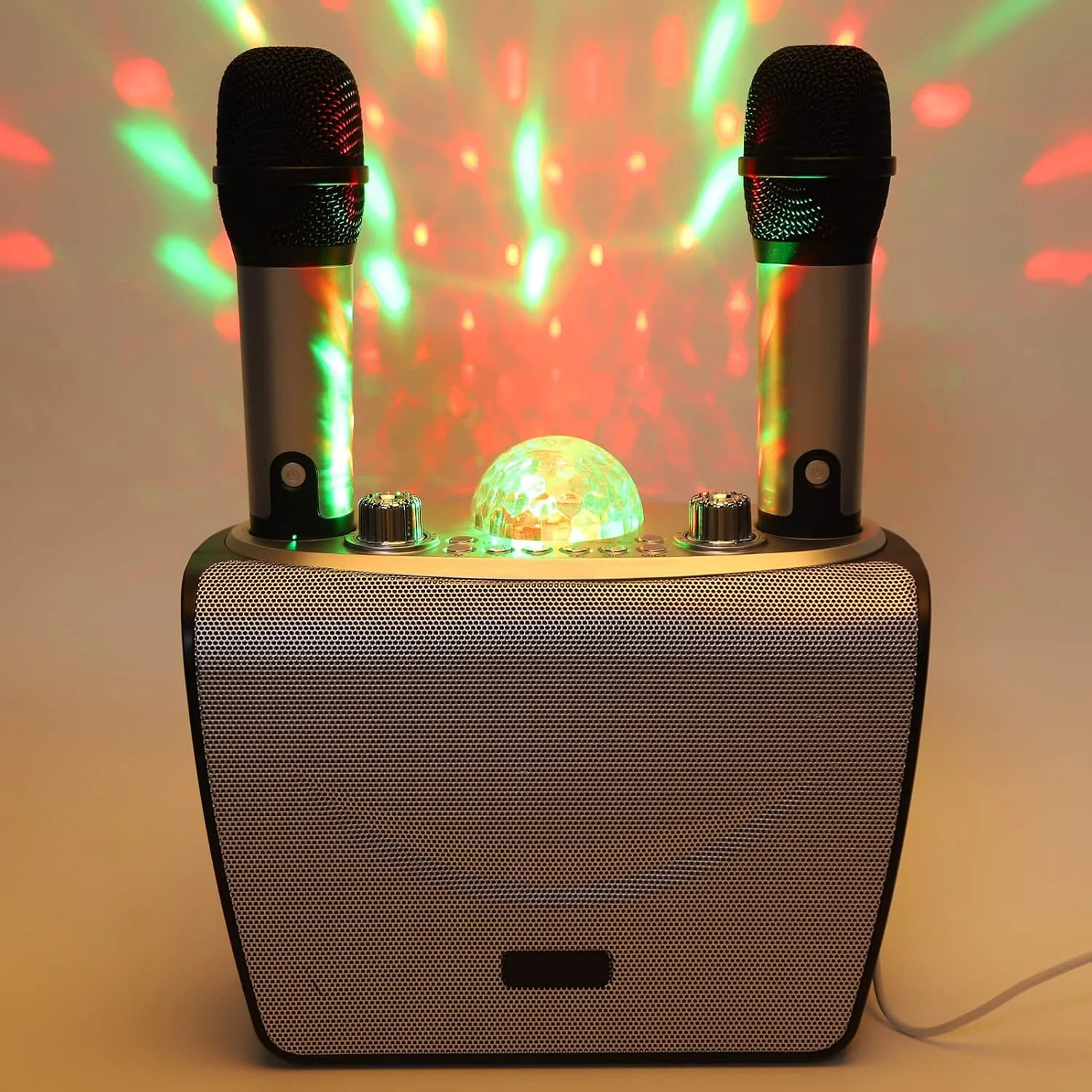 دستگاه کارائوکه قابل حمل، بلندگوهای کارائوکه بلوتوثی قابل شارژ با 2 میکروفون بی سیم، سیستم بلندگوی PA با چراغ های LED RGB، برای مهمانی های خانوادگی کودکان و بزرگسالان