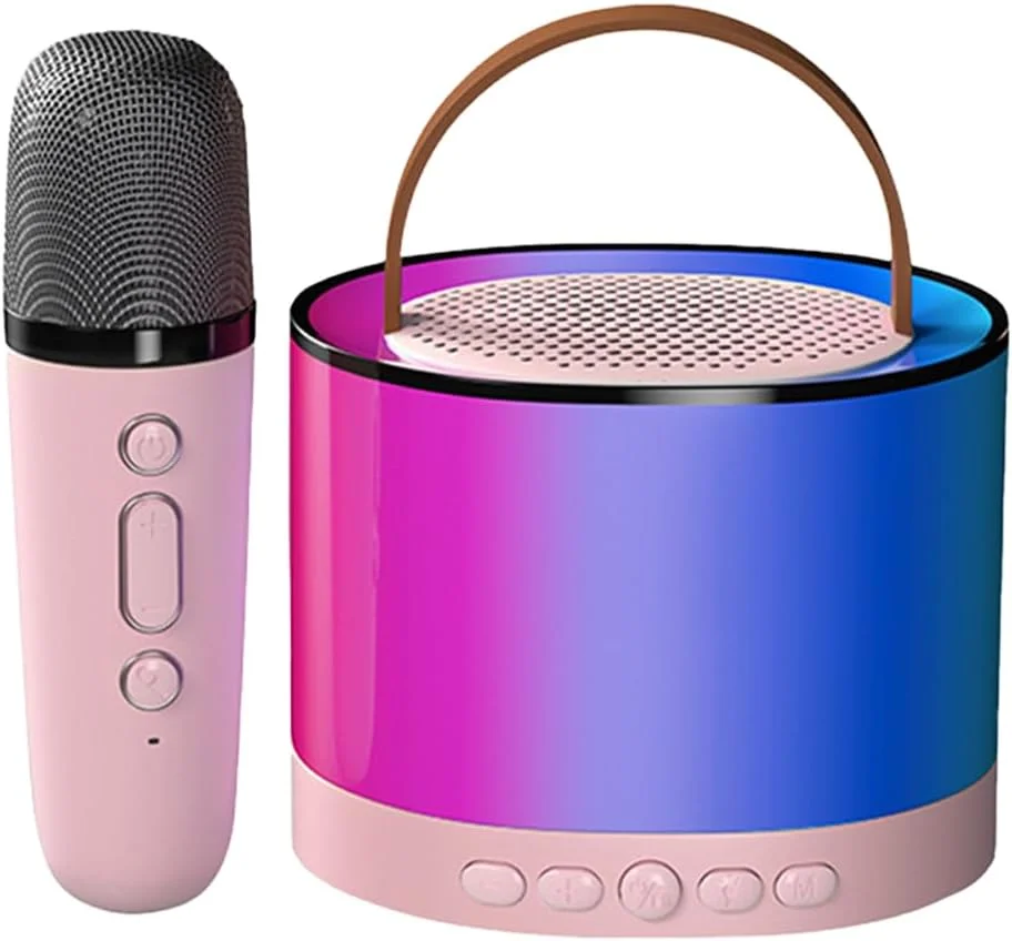 دستگاه کارائوکه قابل حمل 5.3 سازگار با بلوتوث با میکروفون بی سیم RGB چند رنگ، بلندگوی قابل تنظیم و چراغ های LED، بلندگوی کوچک برای سنین 3 تا 13 سال برای دختران و پسران