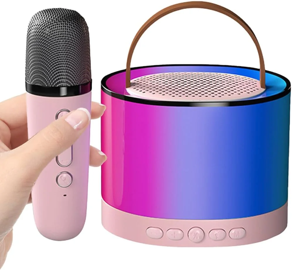 دستگاه کارائوکه قابل حمل 5.3 سازگار با بلوتوث با میکروفون بی سیم RGB چند رنگ، بلندگوی قابل تنظیم و چراغ های LED، بلندگوی کوچک برای سنین 3 تا 13 سال برای دختران و پسران