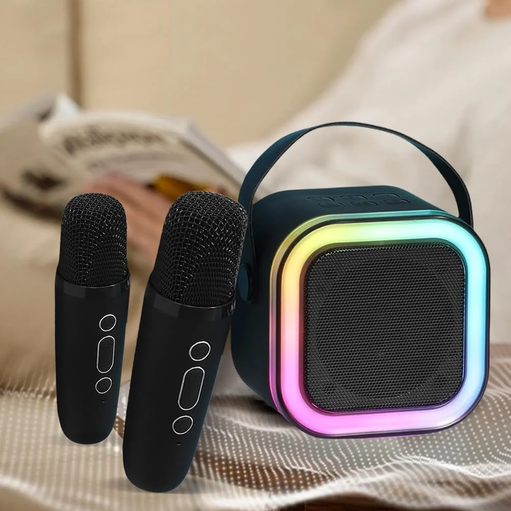 اسپیکر چند رنگی بلوتوثی 5.3 RGB با میکروفون بی سیم، سیستم صوتی خانگی کوچک با چراغ های LED قابل تنظیم برای کارائوکه خانگی