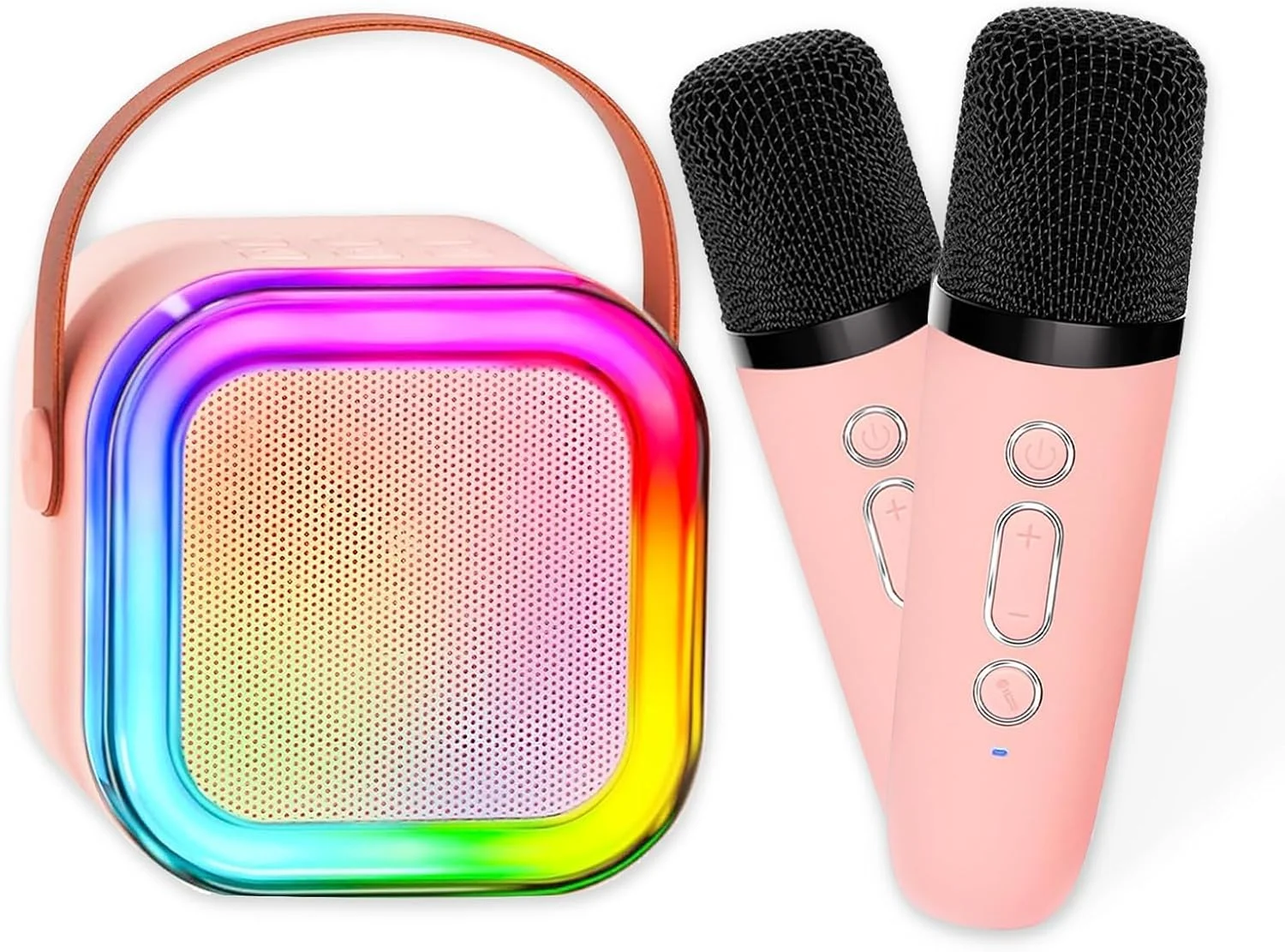 دستگاه کارائوکه کوچک فانک، اسپیکر بلوتوث قابل حمل با 2 میکروفون بی سیم، چراغ های ال ای دی، هدیه کارائوکه برای تولد دختران و پسران، مهمانی خانگی - صورتی