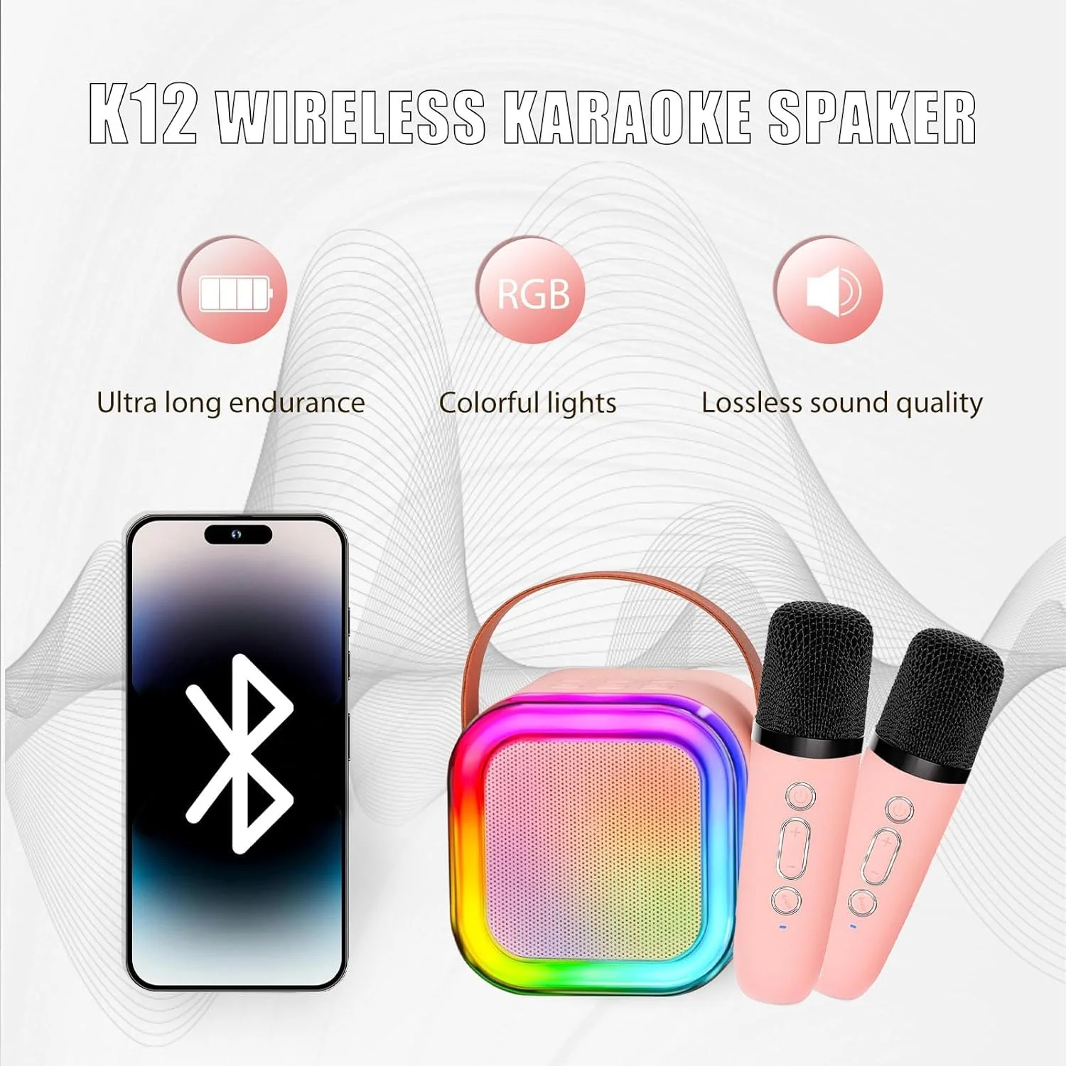 دستگاه کارائوکه کوچک فانک، اسپیکر بلوتوث قابل حمل با 2 میکروفون بی سیم، چراغ های ال ای دی، هدیه کارائوکه برای تولد دختران و پسران، مهمانی خانگی - صورتی