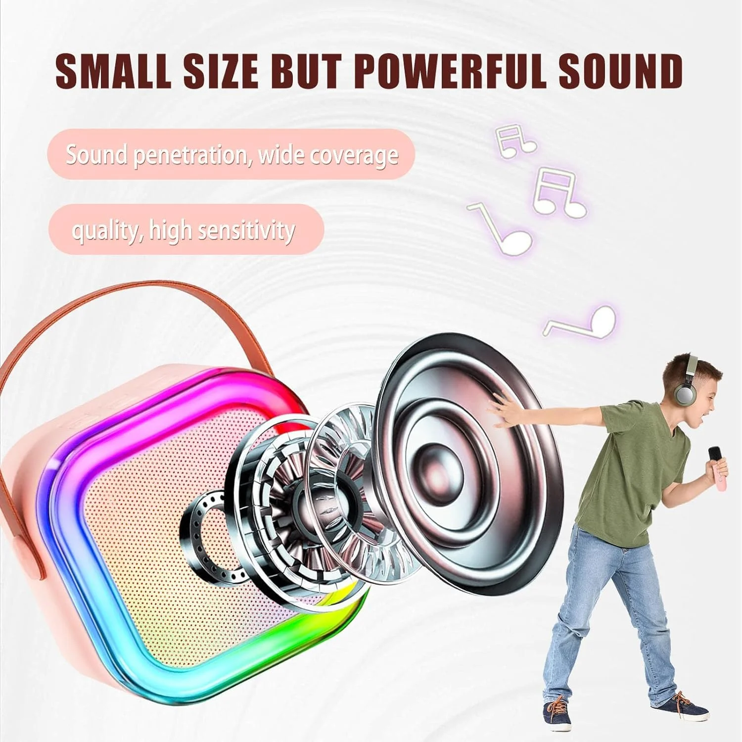 دستگاه کارائوکه کوچک فانک، اسپیکر بلوتوث قابل حمل با 2 میکروفون بی سیم، چراغ های ال ای دی، هدیه کارائوکه برای تولد دختران و پسران، مهمانی خانگی - صورتی