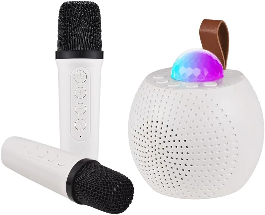مجموعه میکروفون و اسپیکر بی سیم کوچک Fawoonu مناسب کارائوکه، جشن تولد، استفاده رومیزی، فضای باز، منزل، KTV، دیسکو و دارای چراغ های LED و میکروفون دستی و اسپیکر کارائوکه قابل حمل